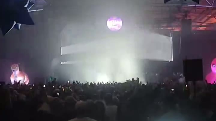 Packed crowd under LED screens and a disco ball